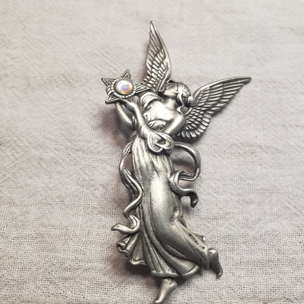 Vintage JJ (Jonette Jewelry) Pewter Angel Brooch with Aurora iridescent gem